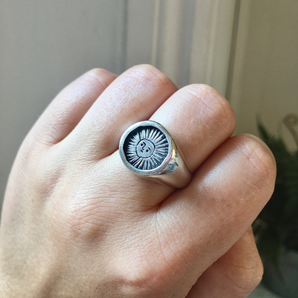 Oxidised Silver Sun Signet Ring