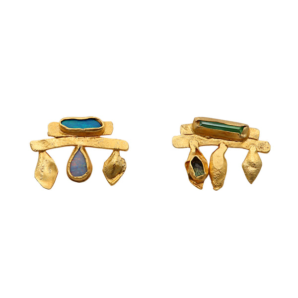 Mismatched Textured Opal And Tourmaline Petal Earrings