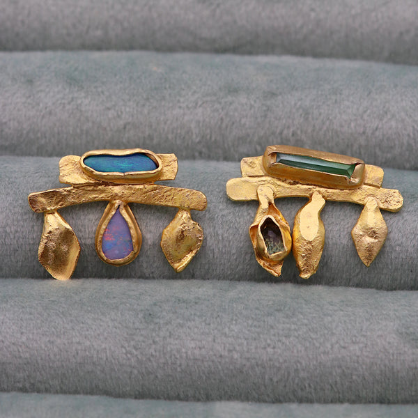 Mismatched Textured Opal And Tourmaline Petal Earrings