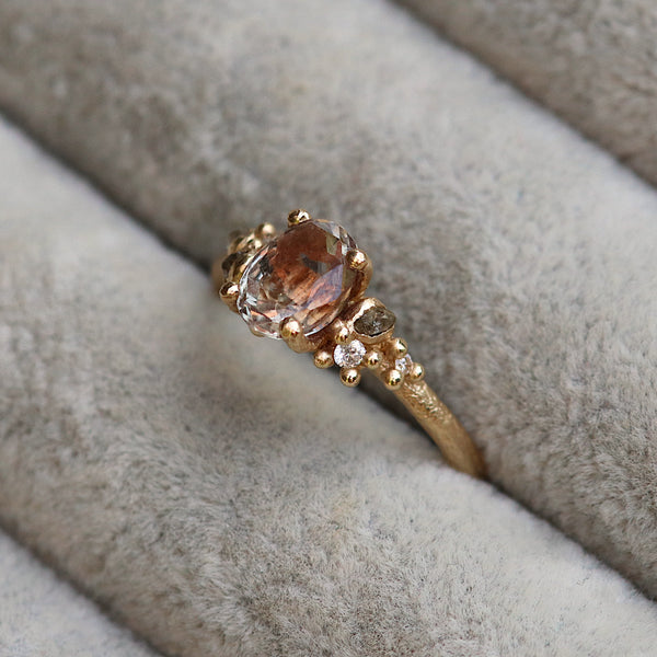 Pink Sapphire And Grey Diamond Encrusted Solitaire Ring