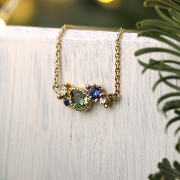 Sapphire and Diamond Cluster Bar Necklace