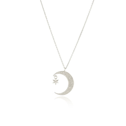 Silver Crescent Moon And Star Necklace