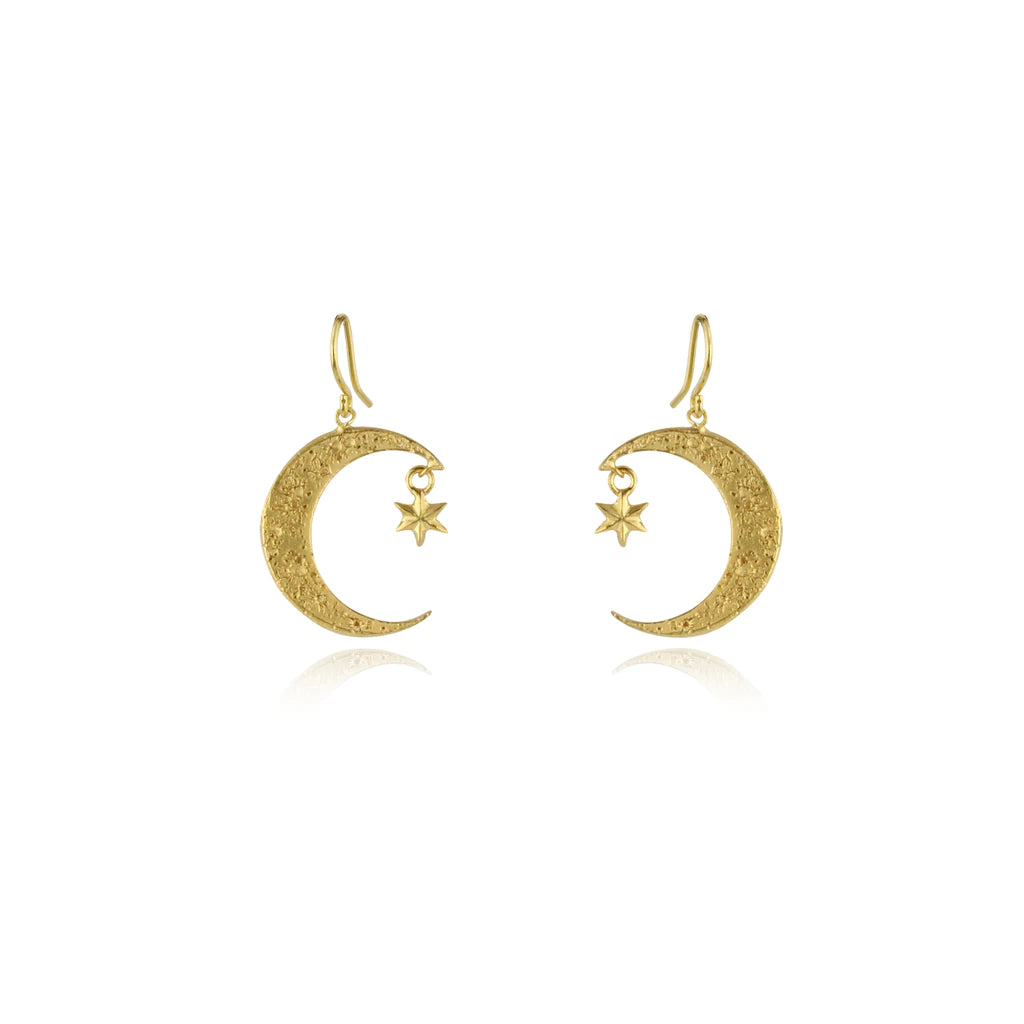 Gold Crescent Moon and Star Earrings Gill Wing Jewellery