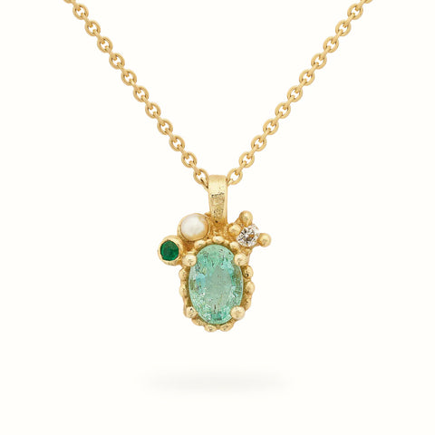 Emerald and Pearl Pendant with Beaded Setting