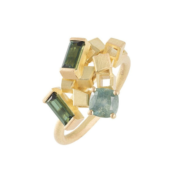 Montana Sage Sapphire And Tourmaline Cubic Cluster Ring