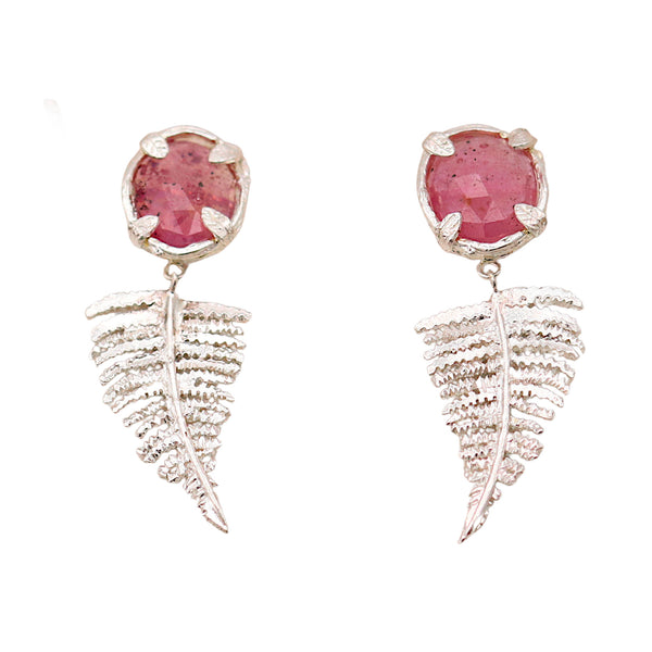 Ruby Silver Fern Drop Earrings