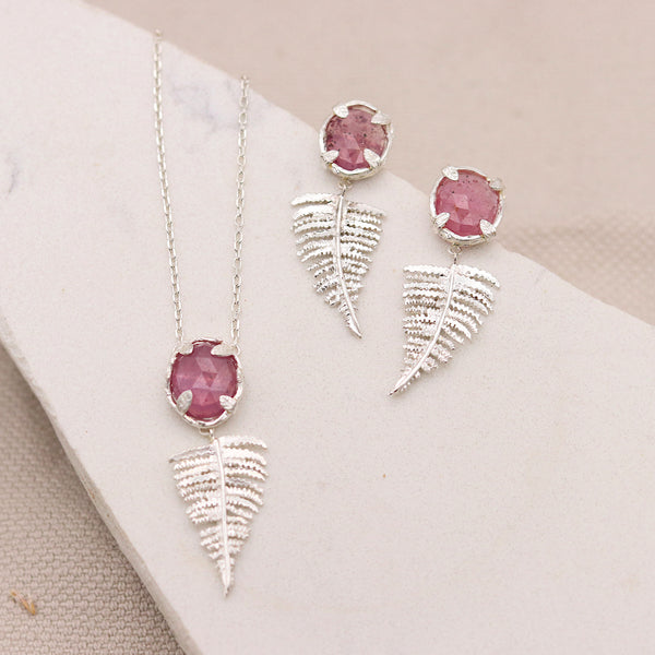 Ruby Silver Fern Drop Earrings