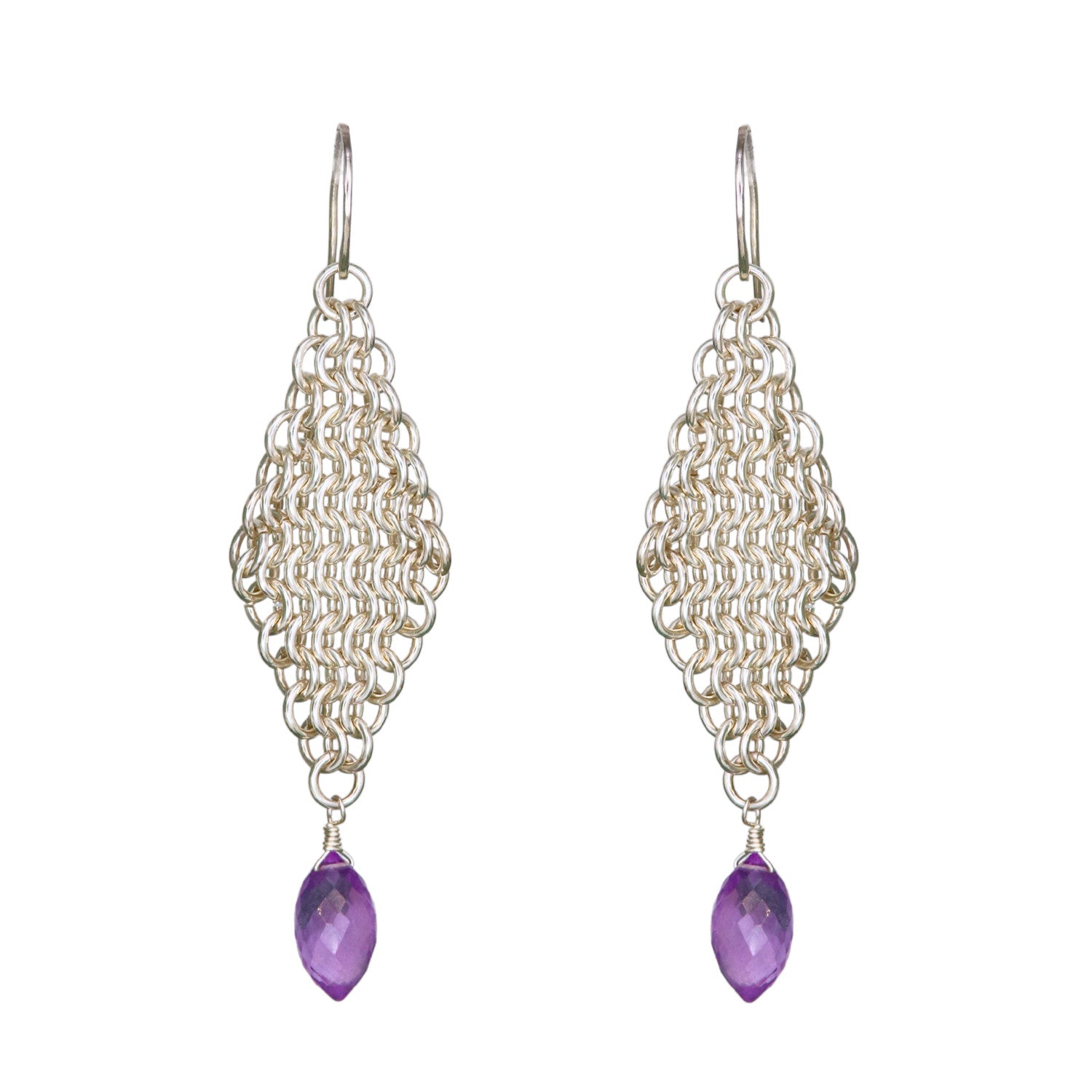 Silver Chain Mail Amethyst Statement Earrings