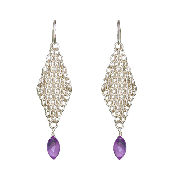 Silver Chain Mail Amethyst Statement Earrings