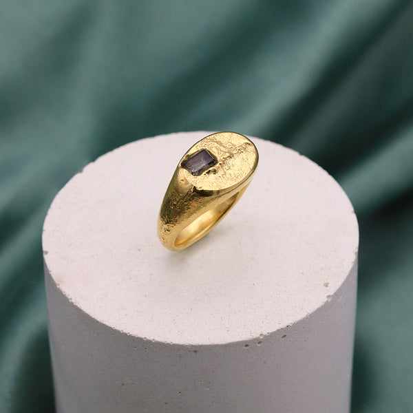 Plethora Wide Gold Plated Signet Ring With Topaz