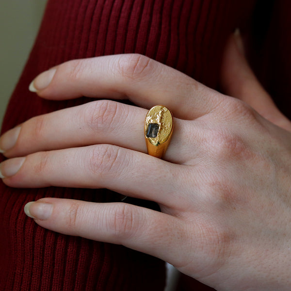 Plethora Wide Gold Plated Signet Ring With Topaz