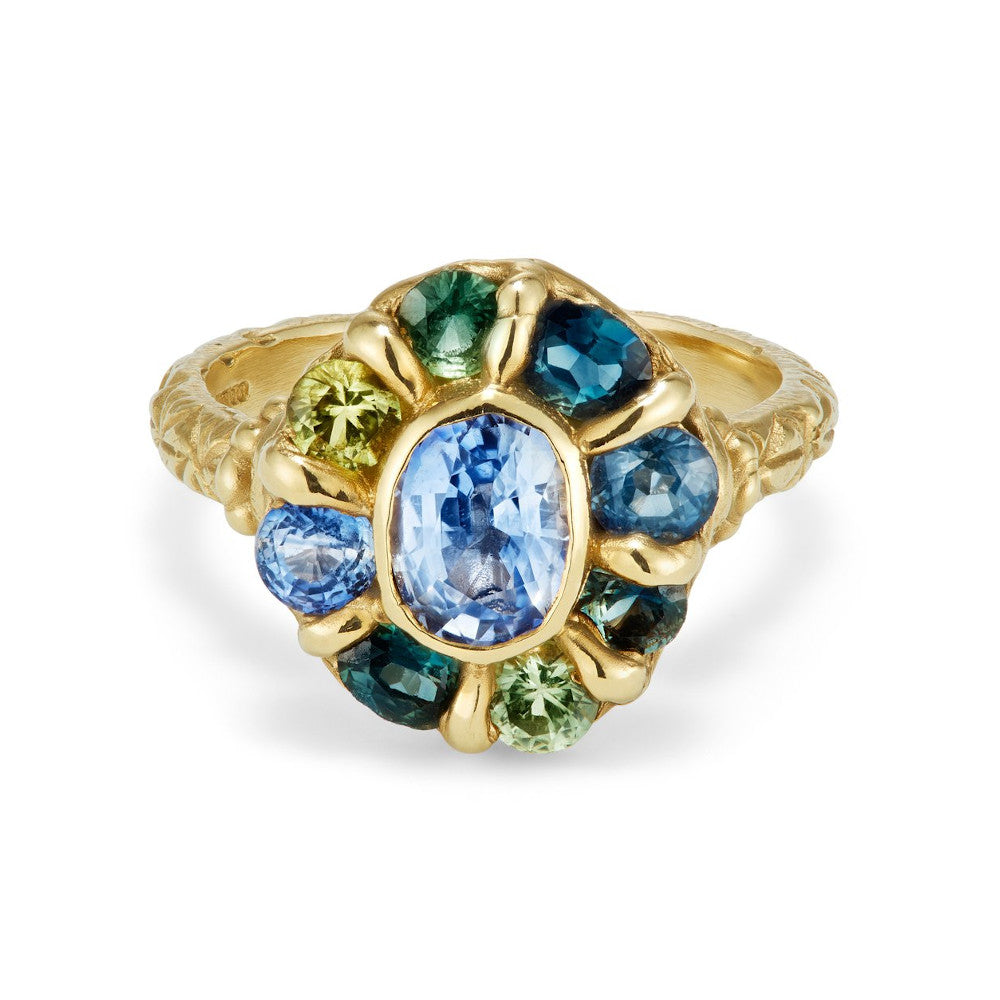 Blue and Green Sapphire Mega Halo Ring