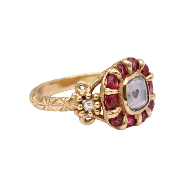 Mother Of Pearl Ruby Halo Captured Heart Ring