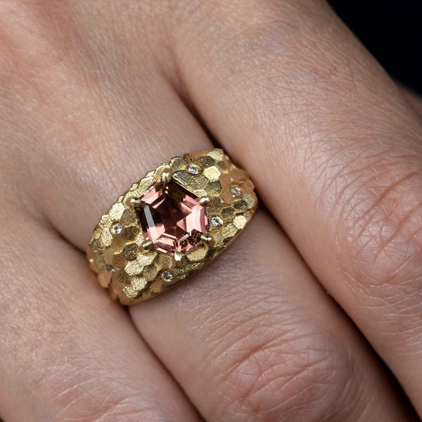 Tapered Hex Ring with Peachy Pink Tourmaline and Diamonds