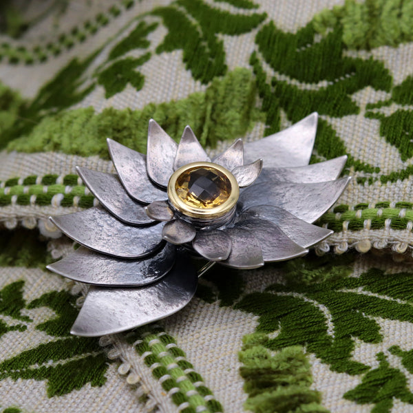 Oxidised Silver Komorebi Articulated Fibonacchi Citrine Brooch