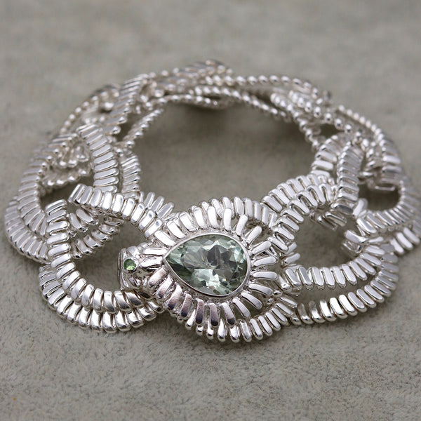 Silver Serpentine Wide Cuff With Green Quartz