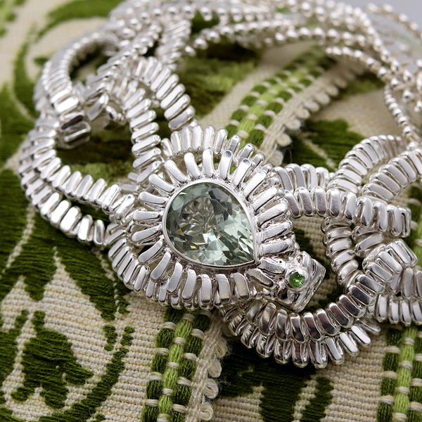 Silver Serpentine Wide Cuff With Green Quartz