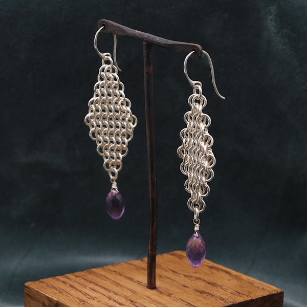 Silver Chain Mail Amethyst Statement Earrings