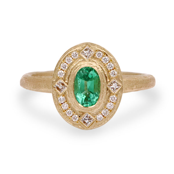 0.54ct Emerald And Diamond Textured Gold Halo Engagement Ring