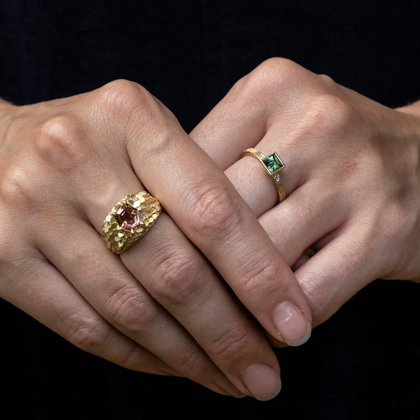 Tapered Hex Ring with Peachy Pink Tourmaline and Diamonds