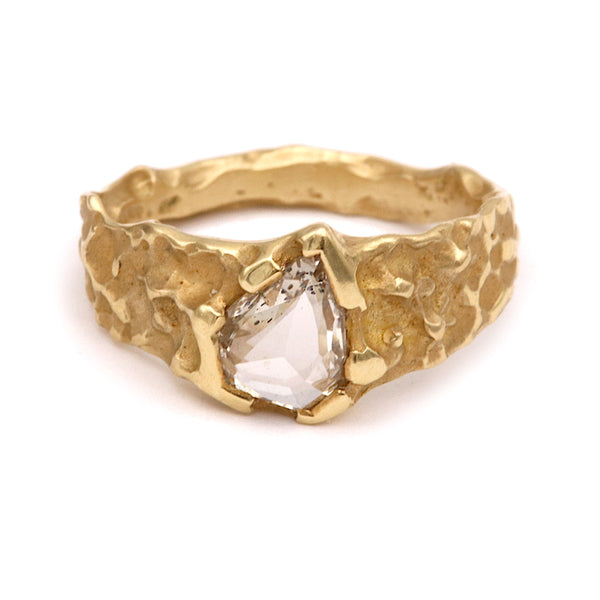 Yellow Gold Textured Molten Ring With Pear Shard Diamond
