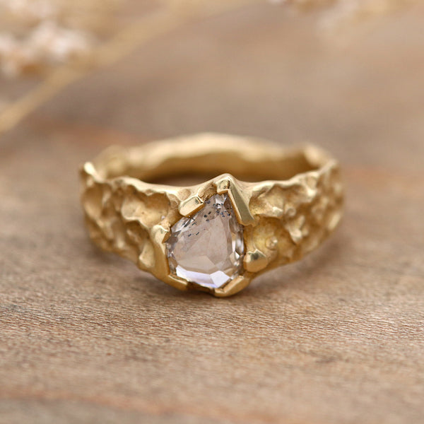 Yellow Gold Textured Molten Ring With Pear Shard Diamond
