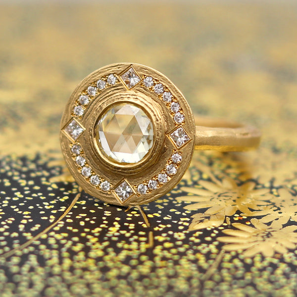 Rose Cut Diamond Etched Halo Ring