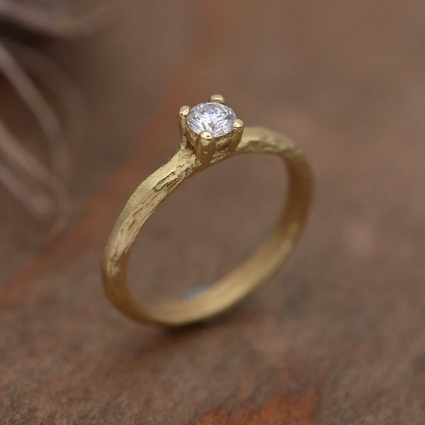 Yellow Gold Etched Ring With Claw Set Diamond