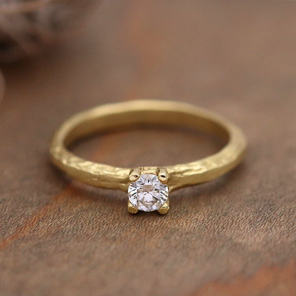 Yellow Gold Etched Ring With Claw Set Diamond