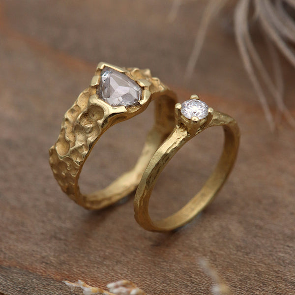 Yellow Gold Etched Ring With Claw Set Diamond