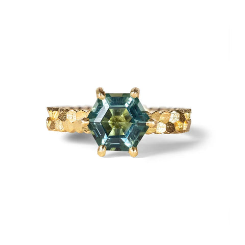 Double Hex Ring with Hexagonal Light Teal Tourmaline