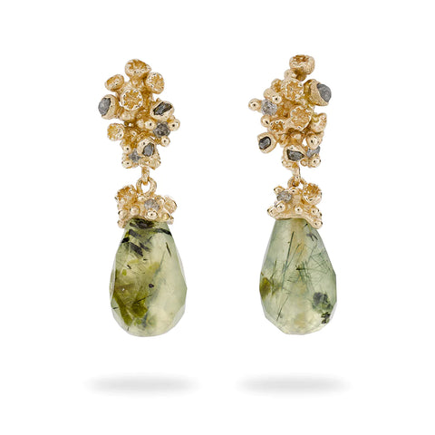 Prehnite Drop Earrings with Grey Diamonds and Barnacles