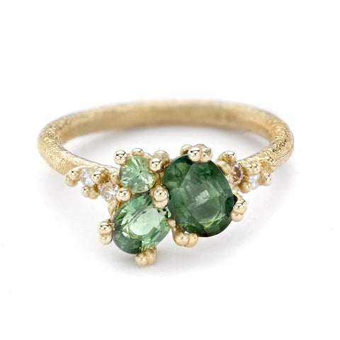 Green Sapphire and Diamond Asymmetric Cluster Ring