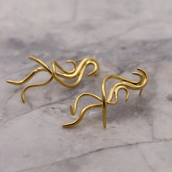 Golden Tendril Stud Drop Earrings