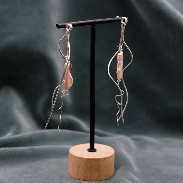 Long Silver Tendril Pearl Earrings