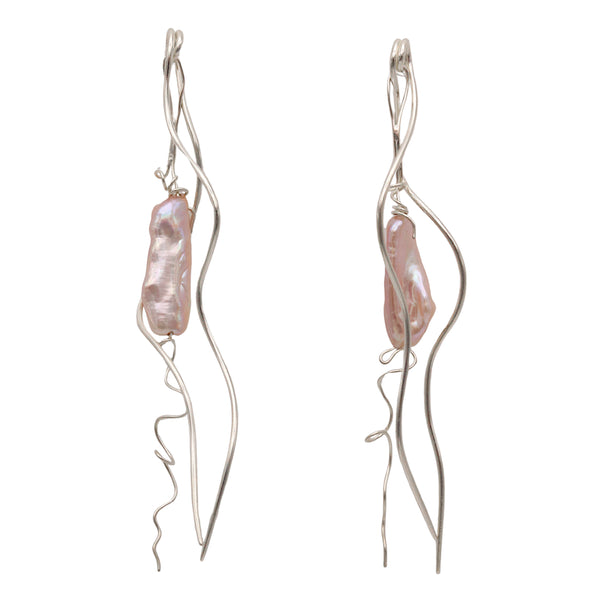 Long Silver Tendril Pearl Earrings