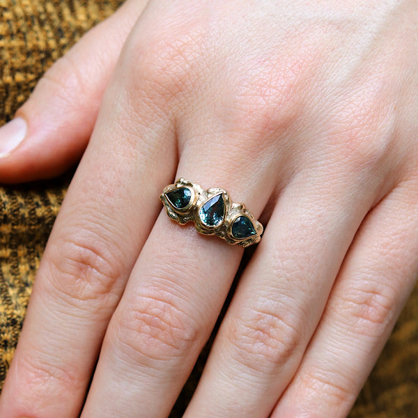 Triple Pear Sapphire Molten Carved Ring