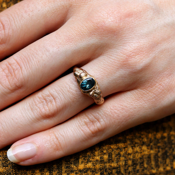 Oval Teal Tourmaline Molten Carved Ring