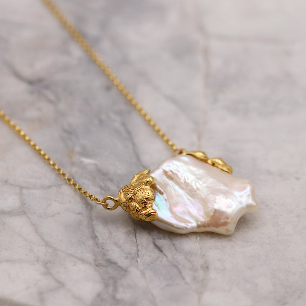 Flat Double Drip Golden Pearl Necklace