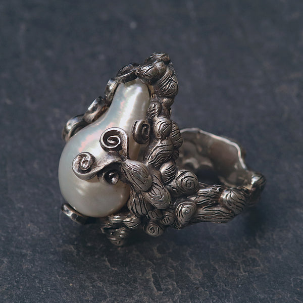 Oxidised Silver Kraken Pearl Ring