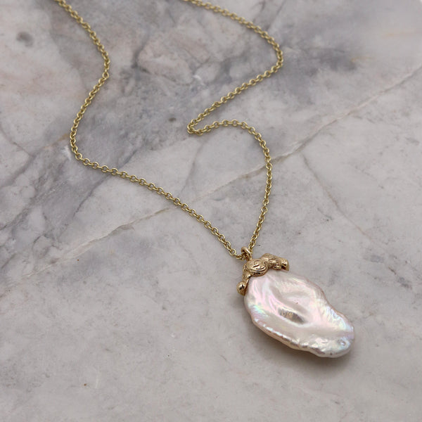 Flat Keshi Pearl Pendant With Molten 9ct Gold
