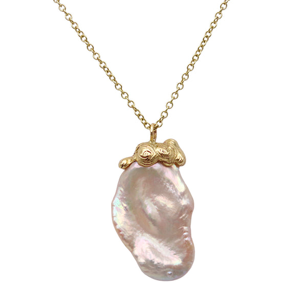 Flat Keshi Pearl Pendant With Molten 9ct Gold