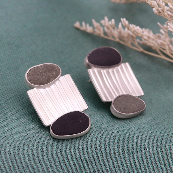 Pebbles And Striped Silver Square Earrings