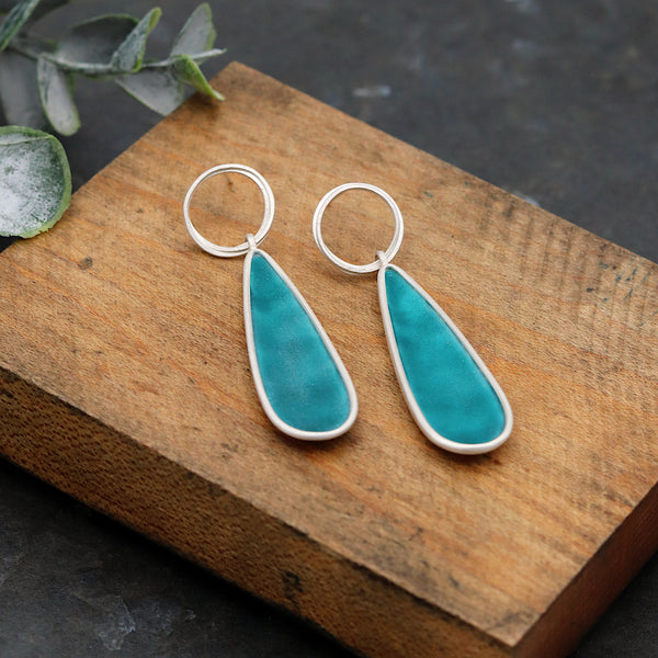 Sea Green Enamel Concave Teardrop Earrings
