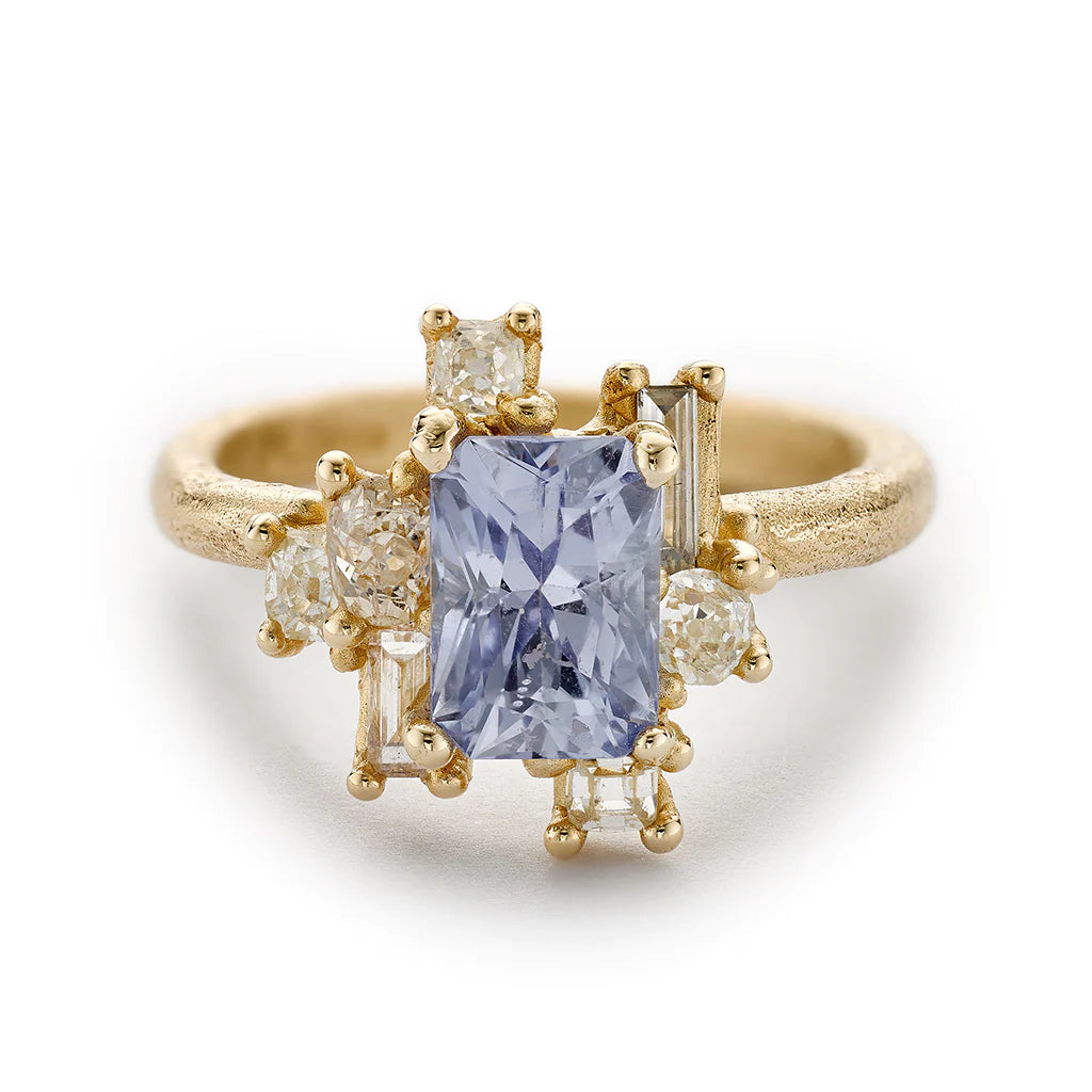 Periwinkle Blue Sapphire and Diamond Sweeping Cluster Ring