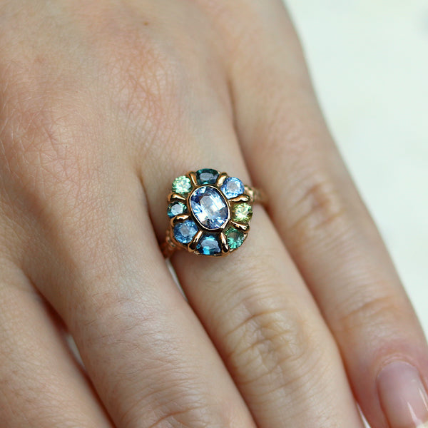 Blue and Green Sapphire Mega Halo Ring