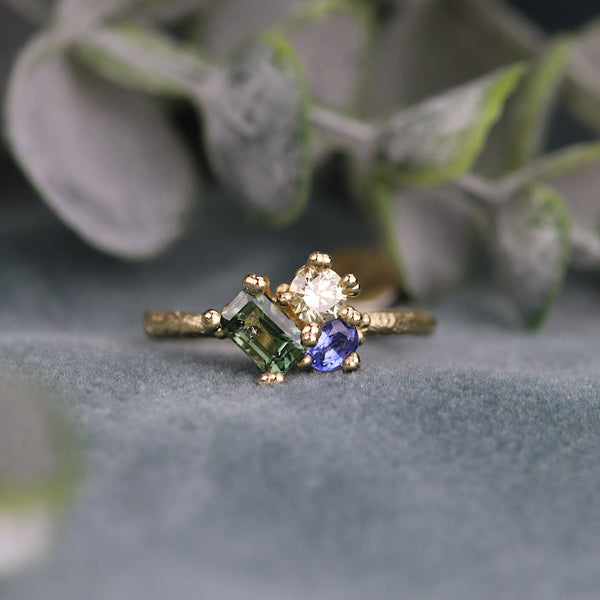 OOAK Sapphire and Diamond Asymmetric Cluster Ring