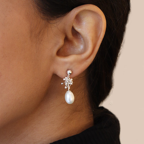 Silver Pearl Molecular Drop Earrings