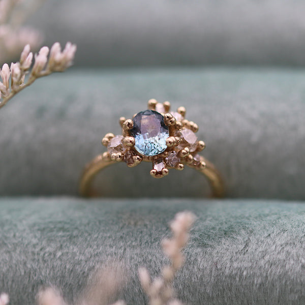 Pale Teal Sapphire and Diamond Sweeping Cluster Ring