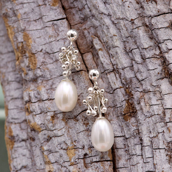 Silver Pearl Molecular Drop Earrings